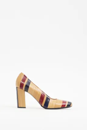 Beige & Multicolour Leather Panelled Heel