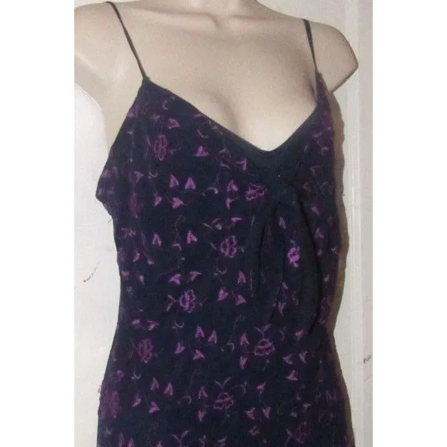 Betsey Johnson Navy Blue With Hand Stitched Purple Floral Design And Dangling Beaded Trim Dress