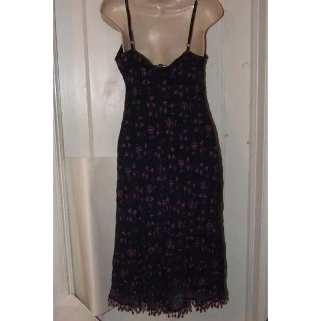 Betsey Johnson Navy Blue With Hand Stitched Purple Floral Design And Dangling Beaded Trim Dress