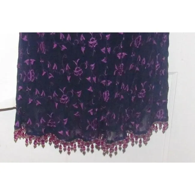 Betsey Johnson Navy Blue With Hand Stitched Purple Floral Design And Dangling Beaded Trim Dress