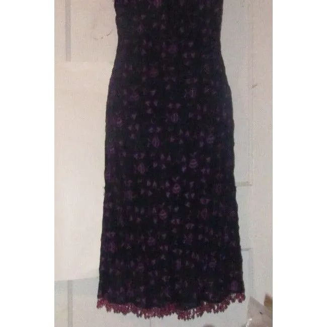 Betsey Johnson Navy Blue With Hand Stitched Purple Floral Design And Dangling Beaded Trim Dress