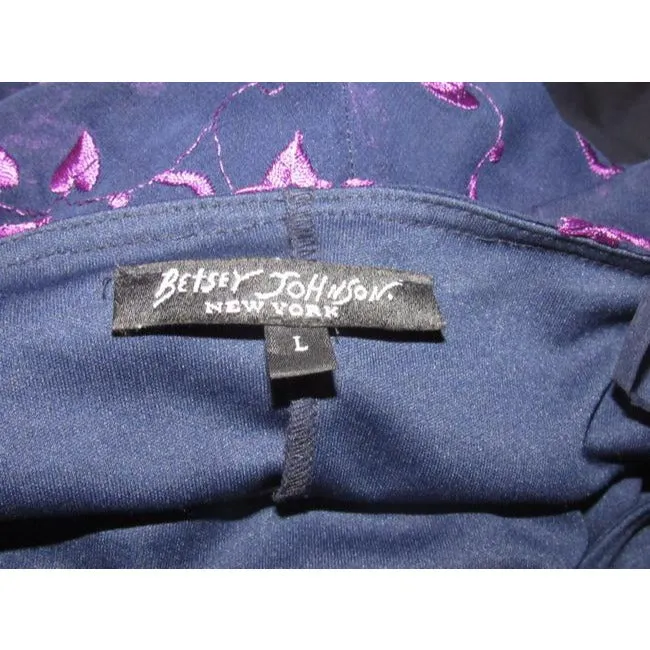 Betsey Johnson Navy Blue With Hand Stitched Purple Floral Design And Dangling Beaded Trim Dress