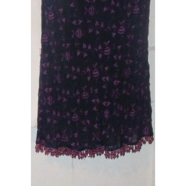 Betsey Johnson Navy Blue With Hand Stitched Purple Floral Design And Dangling Beaded Trim Dress