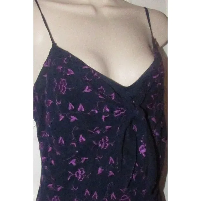 Betsey Johnson Navy Blue With Hand Stitched Purple Floral Design And Dangling Beaded Trim Dress