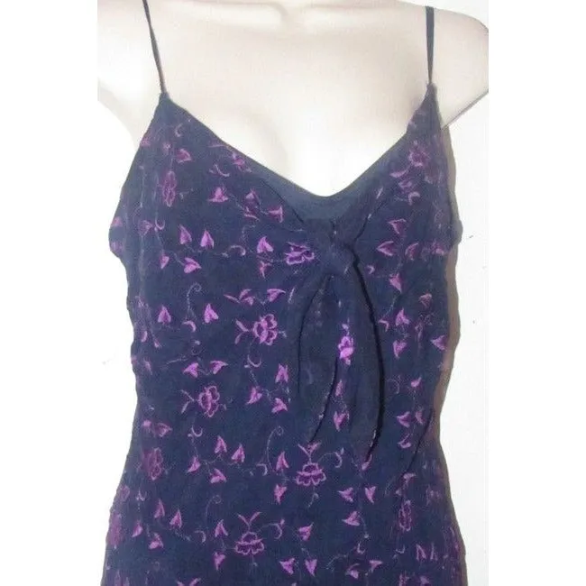 Betsey Johnson Navy Blue With Hand Stitched Purple Floral Design And Dangling Beaded Trim Dress