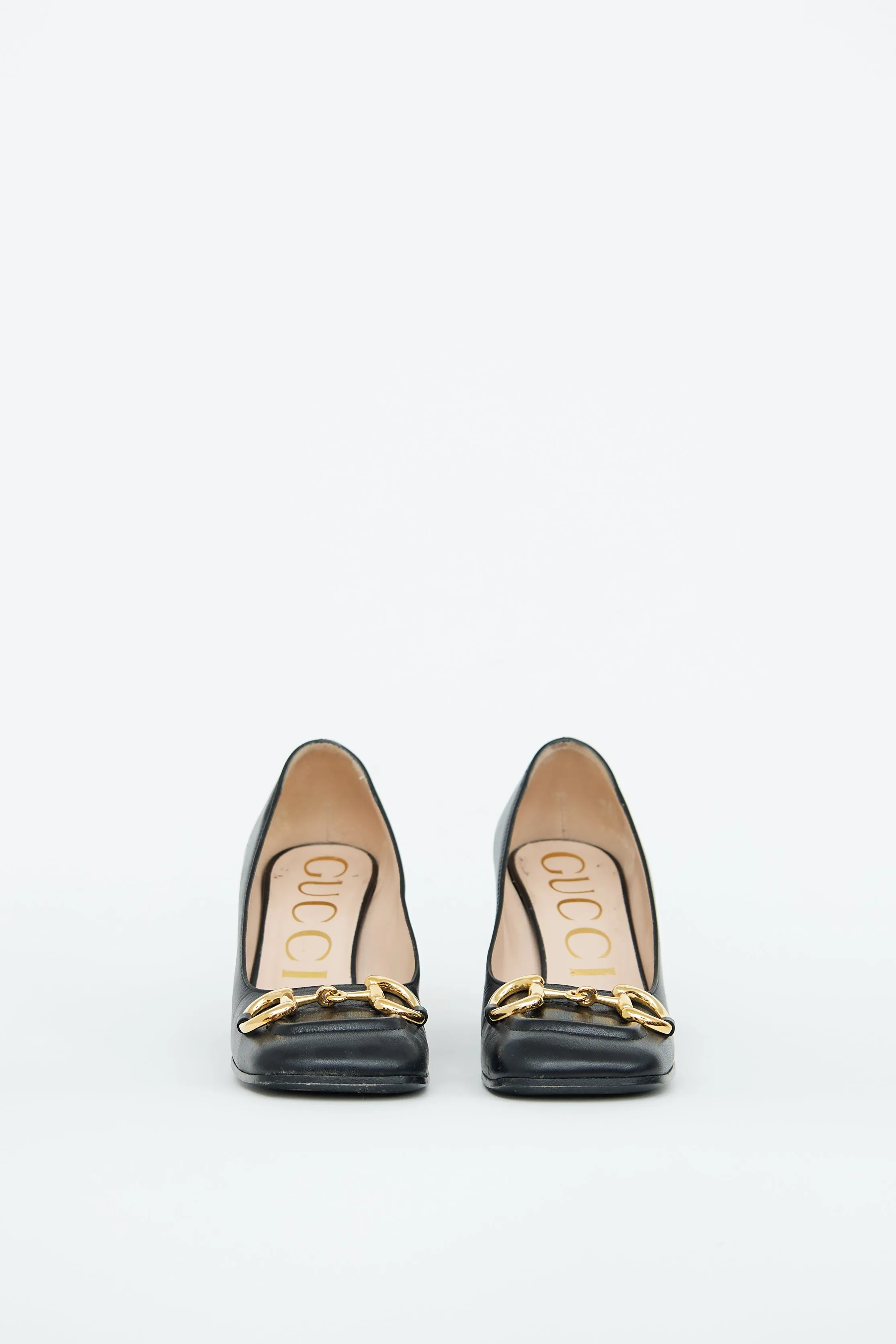 Black Leather Embellished Block Heel