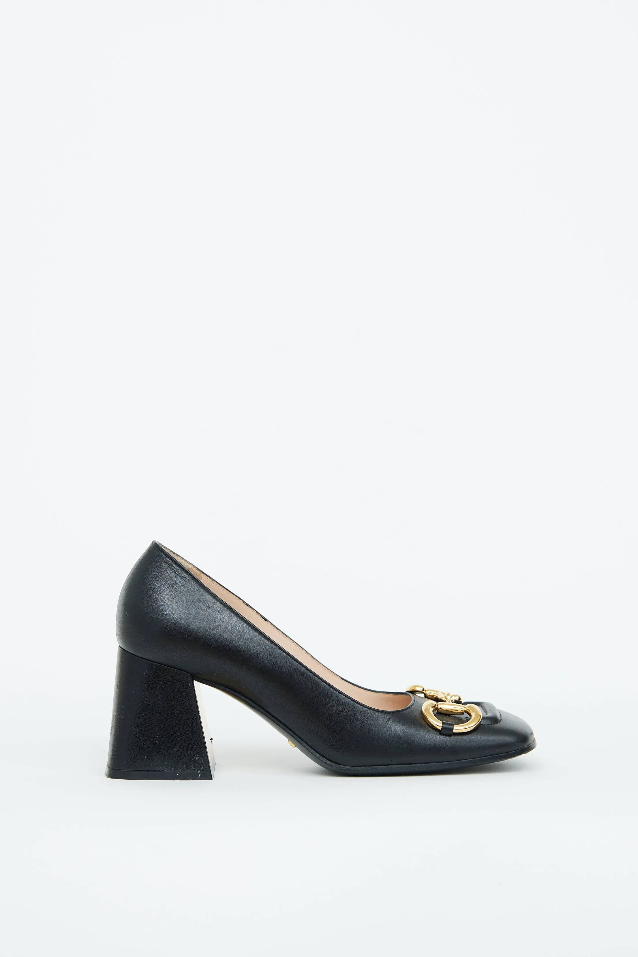 Black Leather Embellished Block Heel
