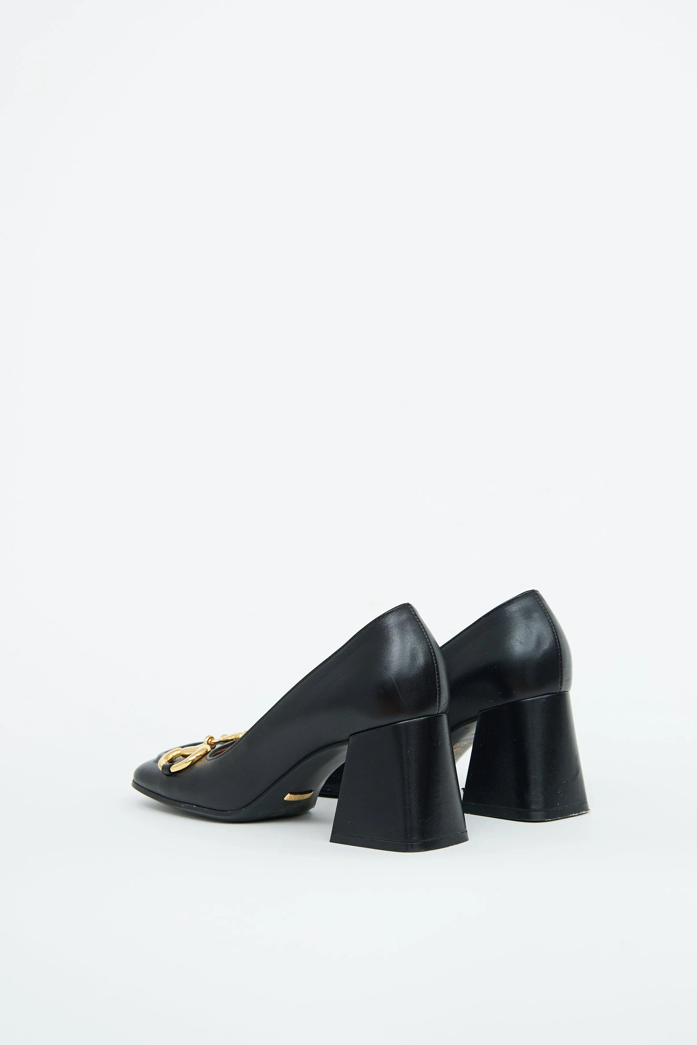 Black Leather Embellished Block Heel