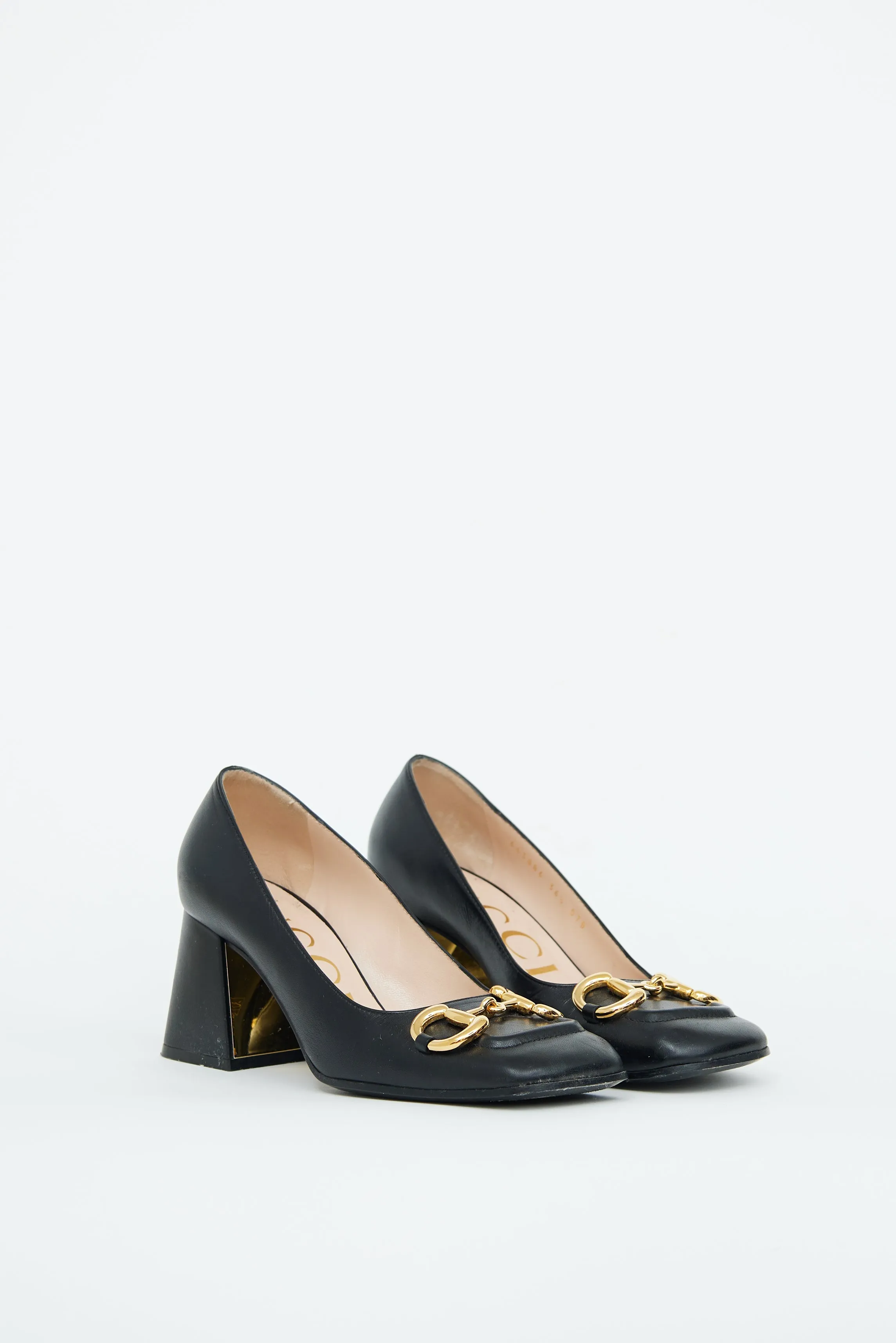 Black Leather Embellished Block Heel