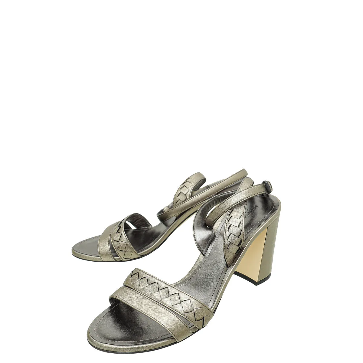 Bottega Veneta Metallic Olive Intrecciato Cross Ankle Strap Block Heeled Sandals 38.5