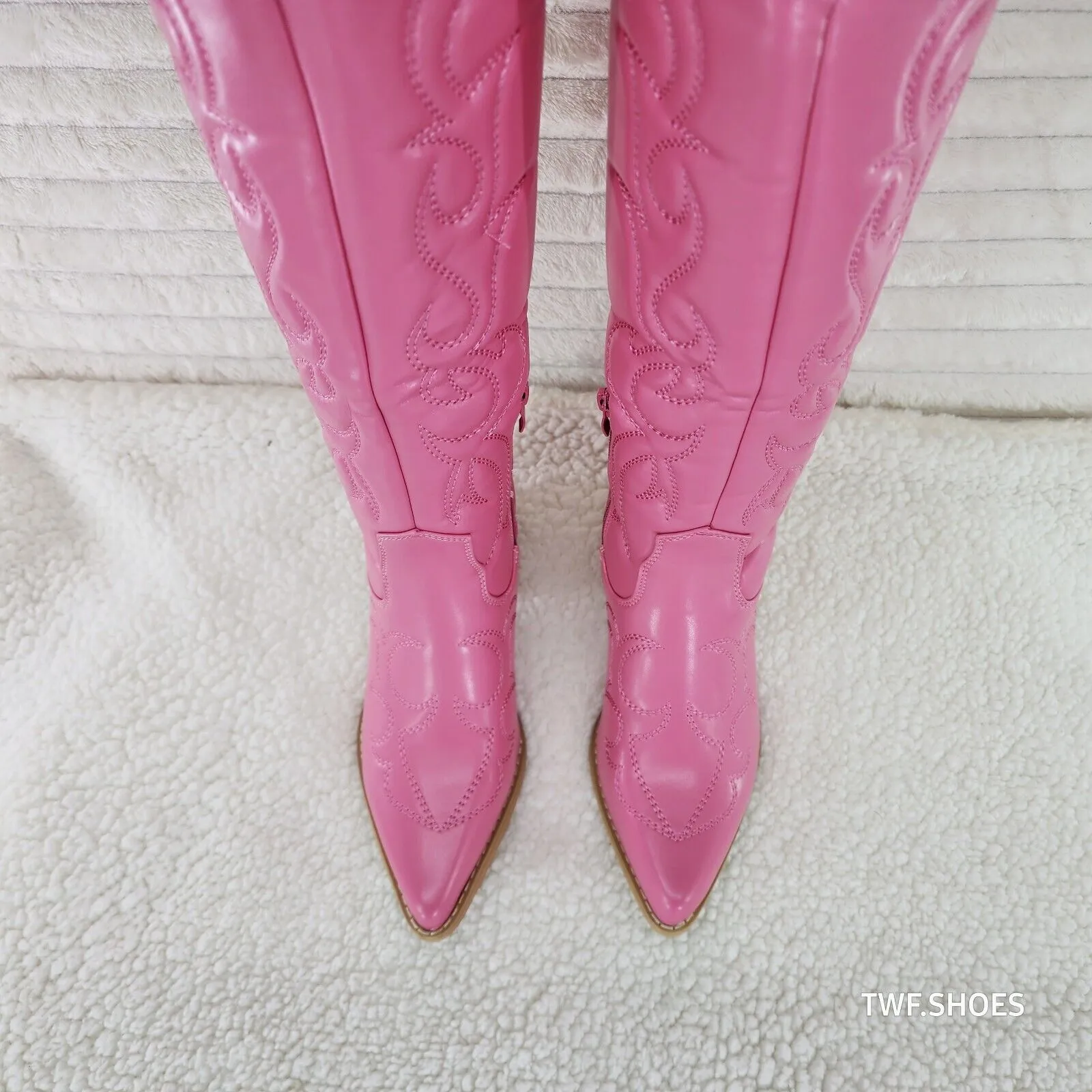 Dalton Barbi Pink Knee High Western Cowgirl Boots Wood Block Heels