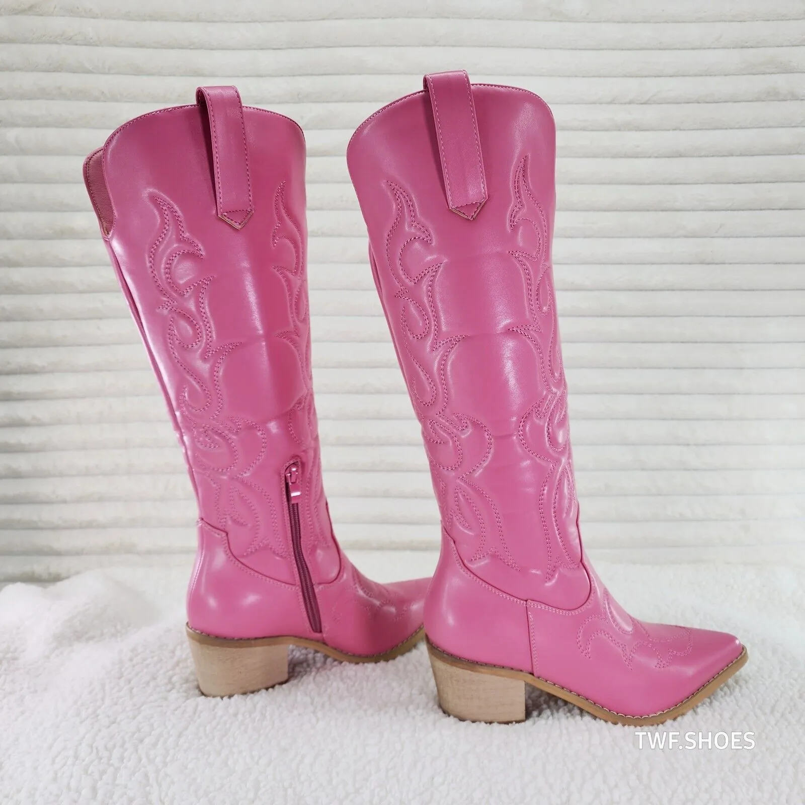 Dalton Barbi Pink Knee High Western Cowgirl Boots Wood Block Heels