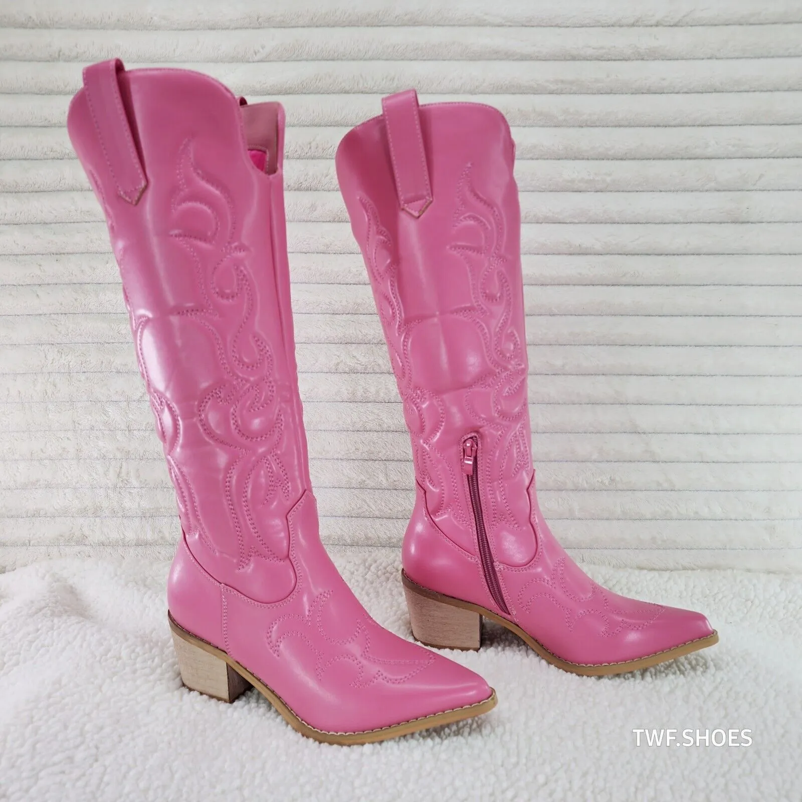 Dalton Barbi Pink Knee High Western Cowgirl Boots Wood Block Heels