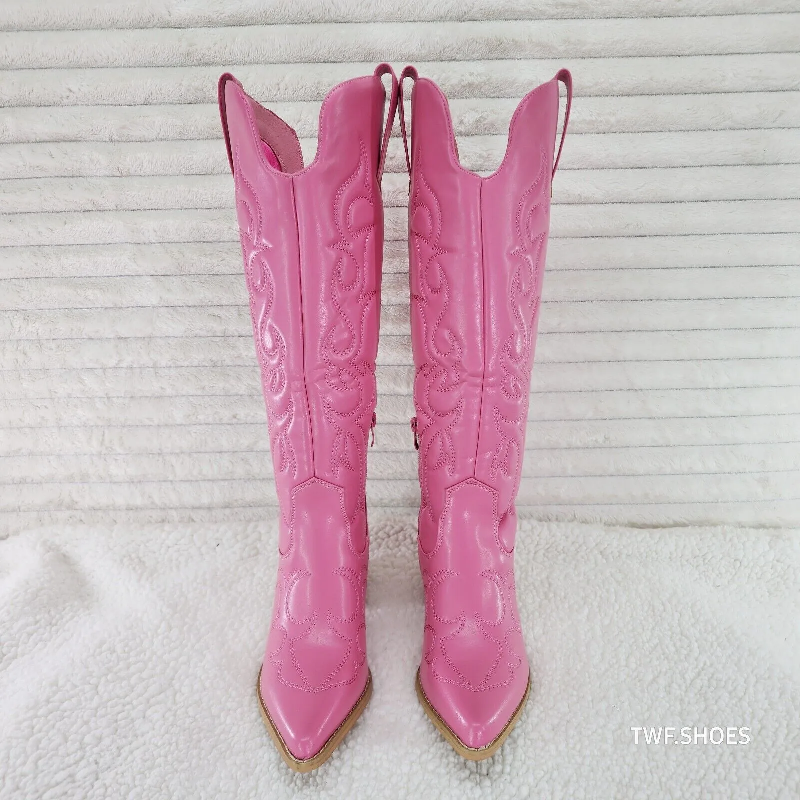 Dalton Barbi Pink Knee High Western Cowgirl Boots Wood Block Heels
