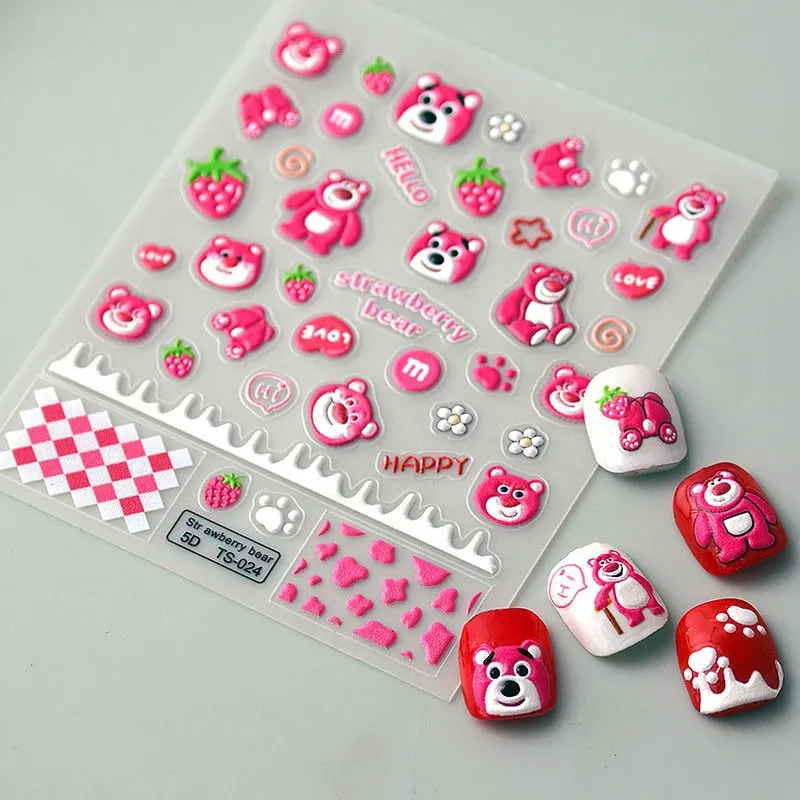 Kawaii 3d Strawberry Bear Embossed Nail Sticker