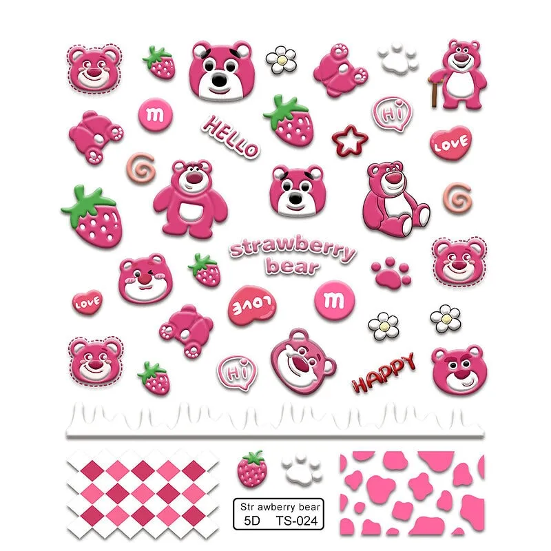 Kawaii 3d Strawberry Bear Embossed Nail Sticker