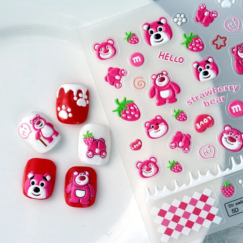 Kawaii 3d Strawberry Bear Embossed Nail Sticker
