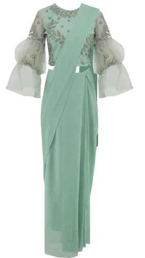 Mint Puff Sleeve Pre-Draped Sari
