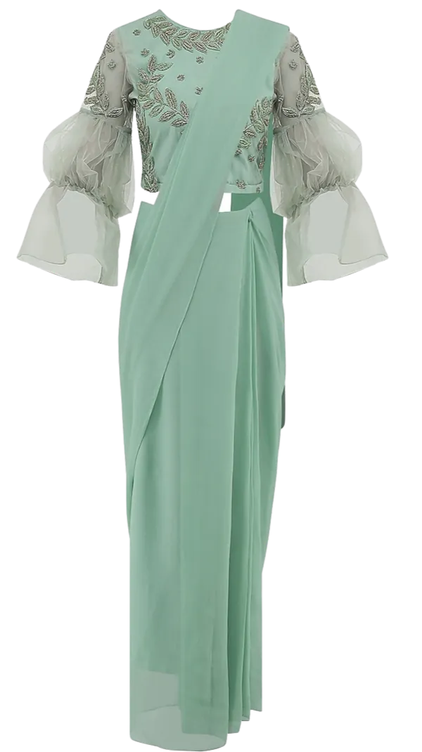 Mint Puff Sleeve Pre-Draped Sari