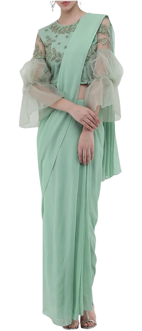 Mint Puff Sleeve Pre-Draped Sari