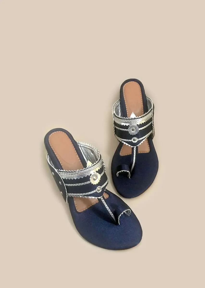 Navy Blue Kolhapuri Heels In Satin With Gold Braiding And Button Details By Sole House