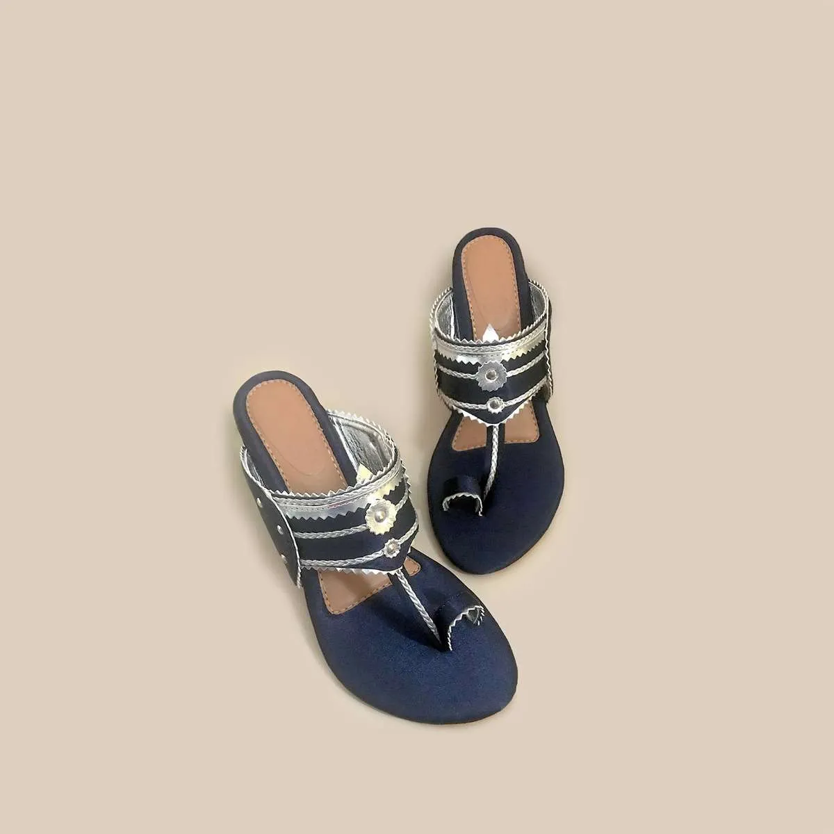 Navy Blue Kolhapuri Heels In Satin With Gold Braiding And Button Details By Sole House