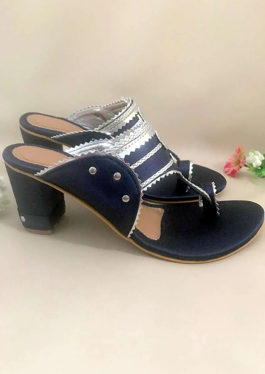 Navy Blue Kolhapuri Heels In Satin With Gold Braiding And Button Details By Sole House