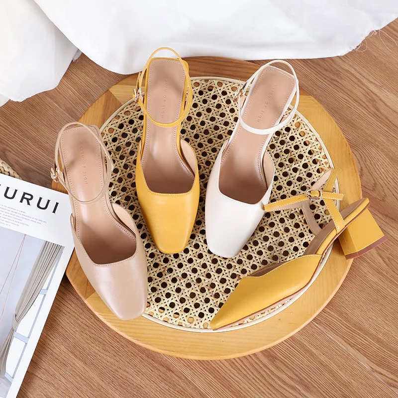 Nude Block Heels Closed Toe Chunky Heel Closed Toe Sandals Women's Spring round Toe Women's Sandals