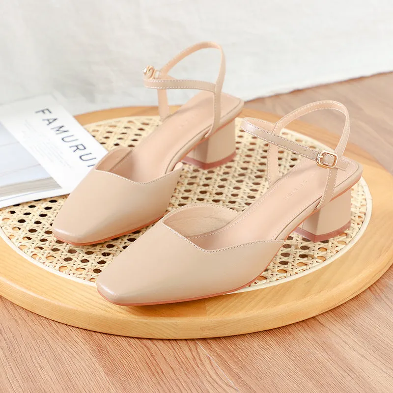 Nude Block Heels Closed Toe Chunky Heel Closed Toe Sandals Women's Spring round Toe Women's Sandals