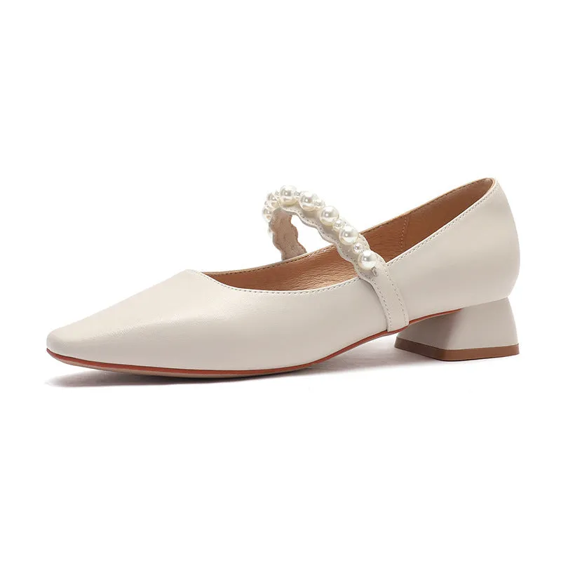Nude Block Heels Closed Toe Pearl Shoes Autumn Fashion