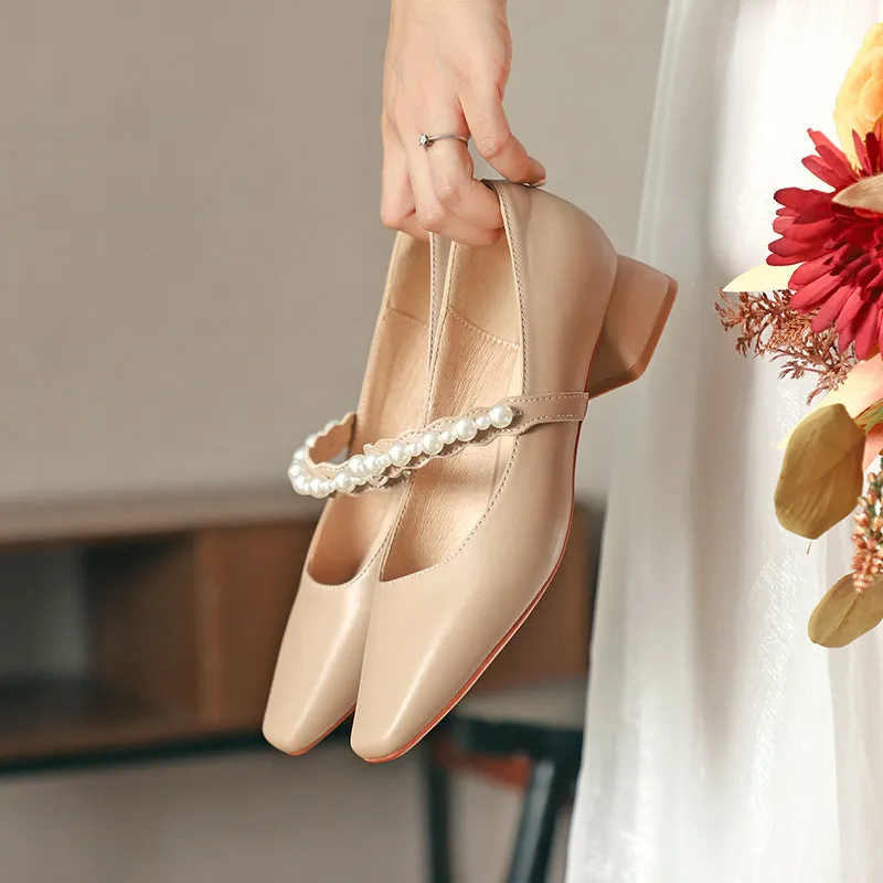 Nude Block Heels Closed Toe Pearl Shoes Autumn Fashion