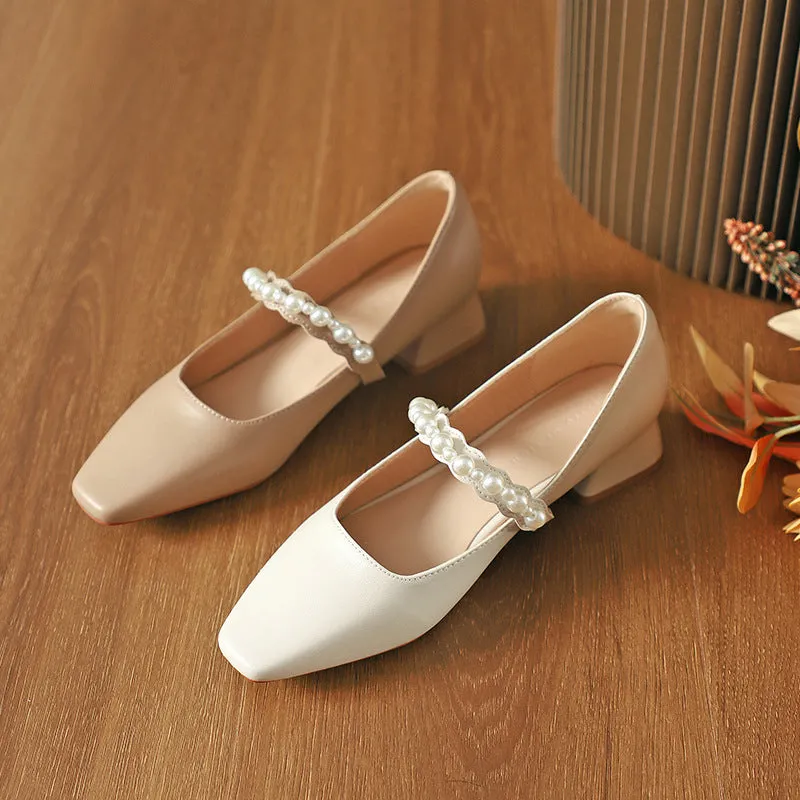 Nude Block Heels Closed Toe Pearl Shoes Autumn Fashion
