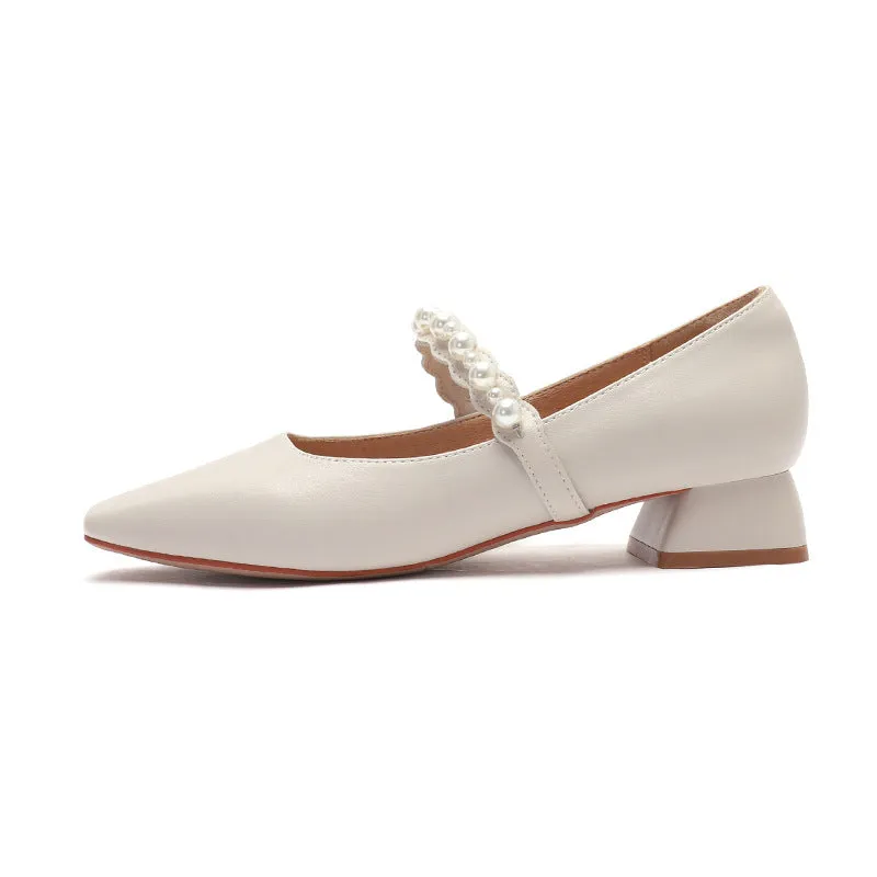 Nude Block Heels Closed Toe Pearl Shoes Autumn Fashion