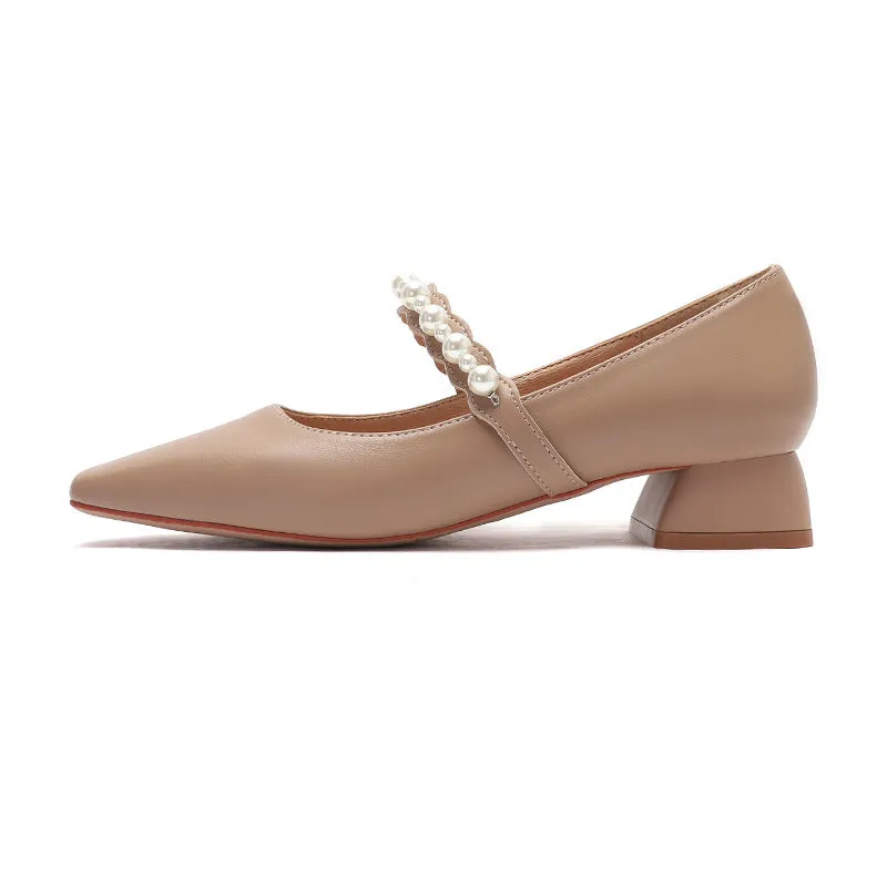 Nude Block Heels Closed Toe Pearl Shoes Autumn Fashion