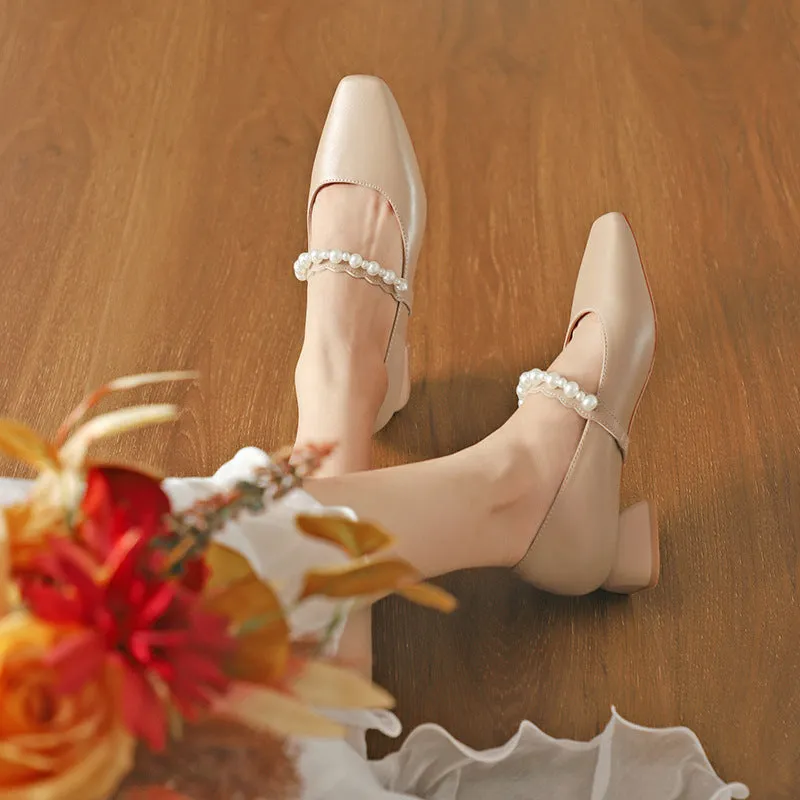 Nude Block Heels Closed Toe Pearl Shoes Autumn Fashion