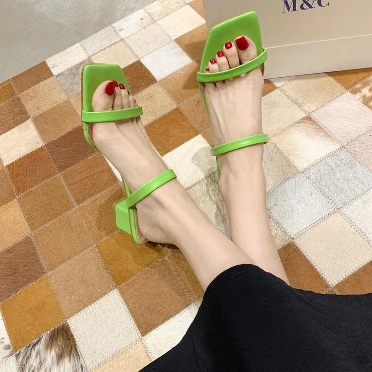 Nude Strappy Block Heels Simple Thick Heel Slippers