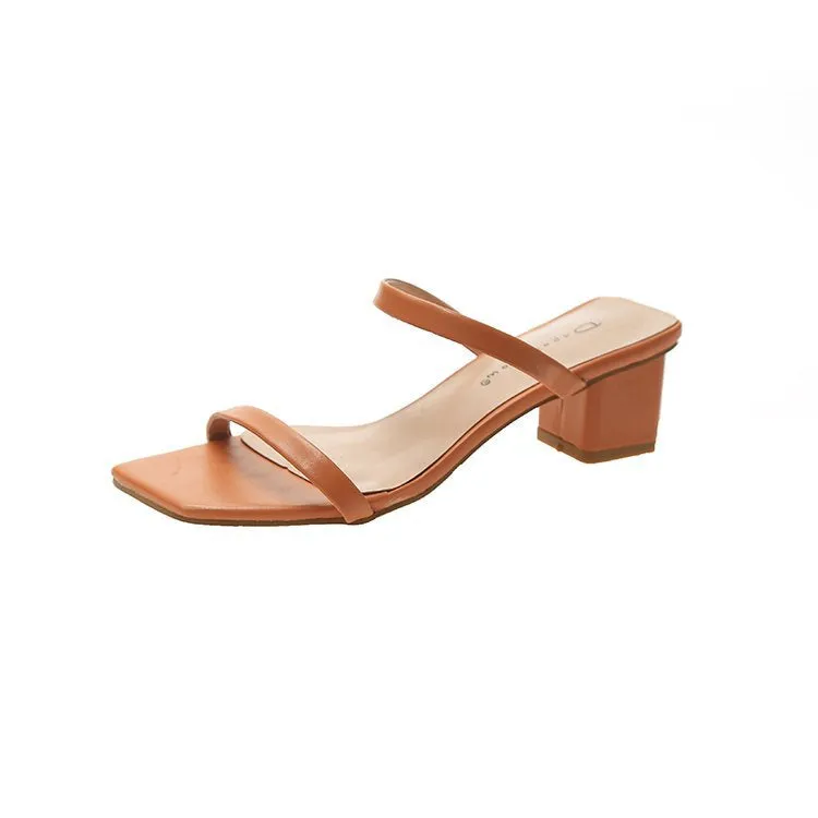 Nude Strappy Block Heels Simple Thick Heel Slippers