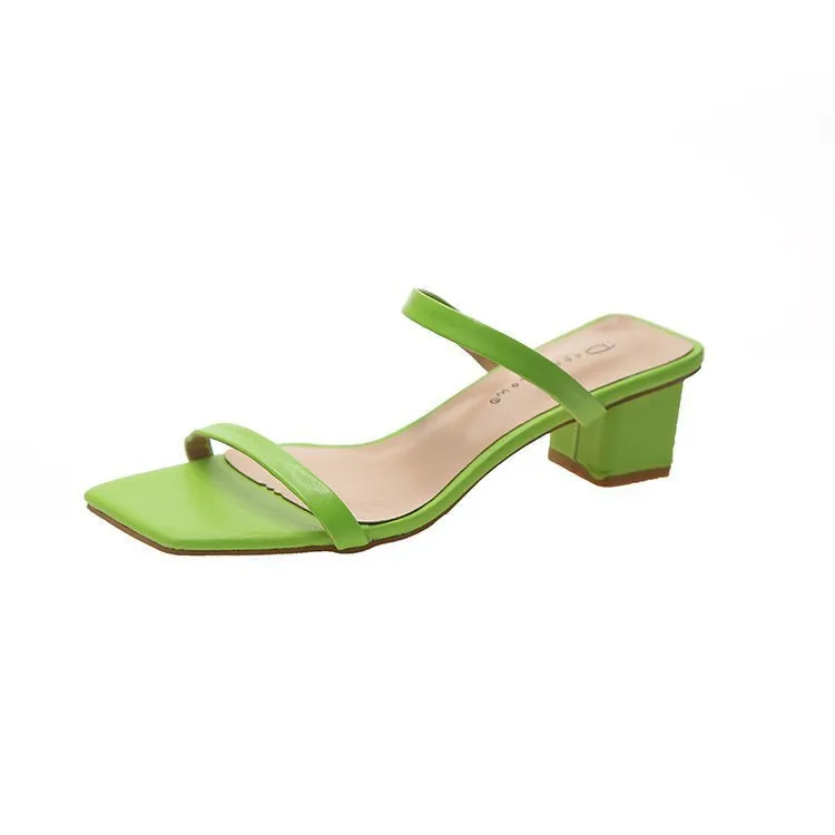 Nude Strappy Block Heels Simple Thick Heel Slippers