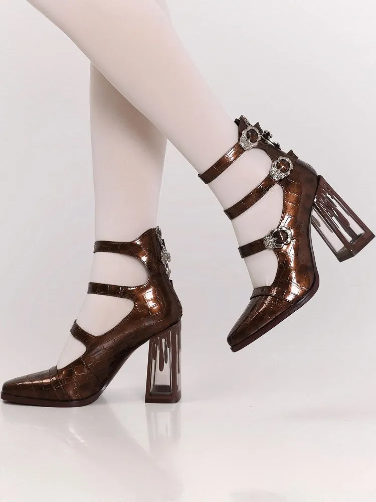 Polished Brown Gothic Crocodile Buckle Straps Blood Drip High Block Heels