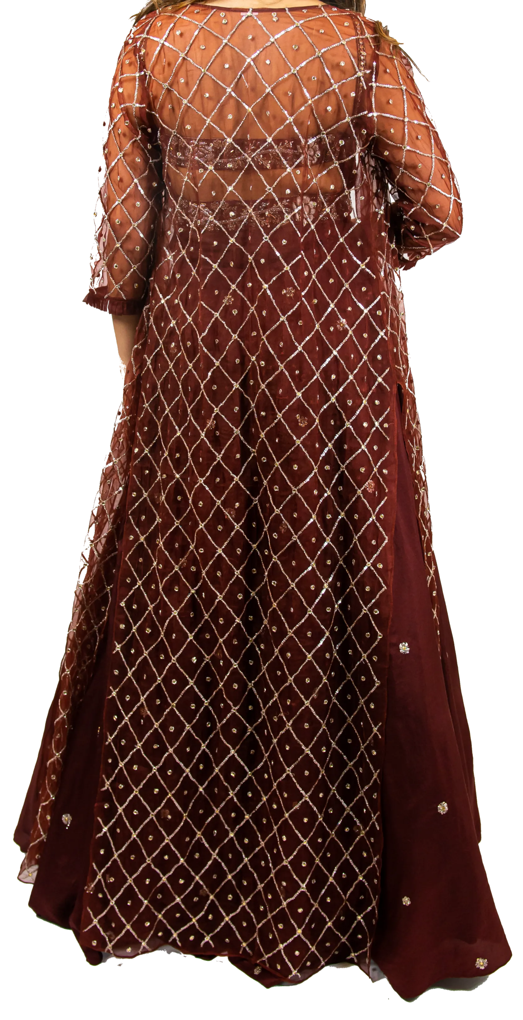 Rust & Silver Beaded Duster Jacket with Crop & Skirt Set