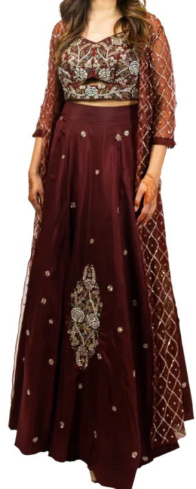 Rust & Silver Beaded Duster Jacket with Crop & Skirt Set