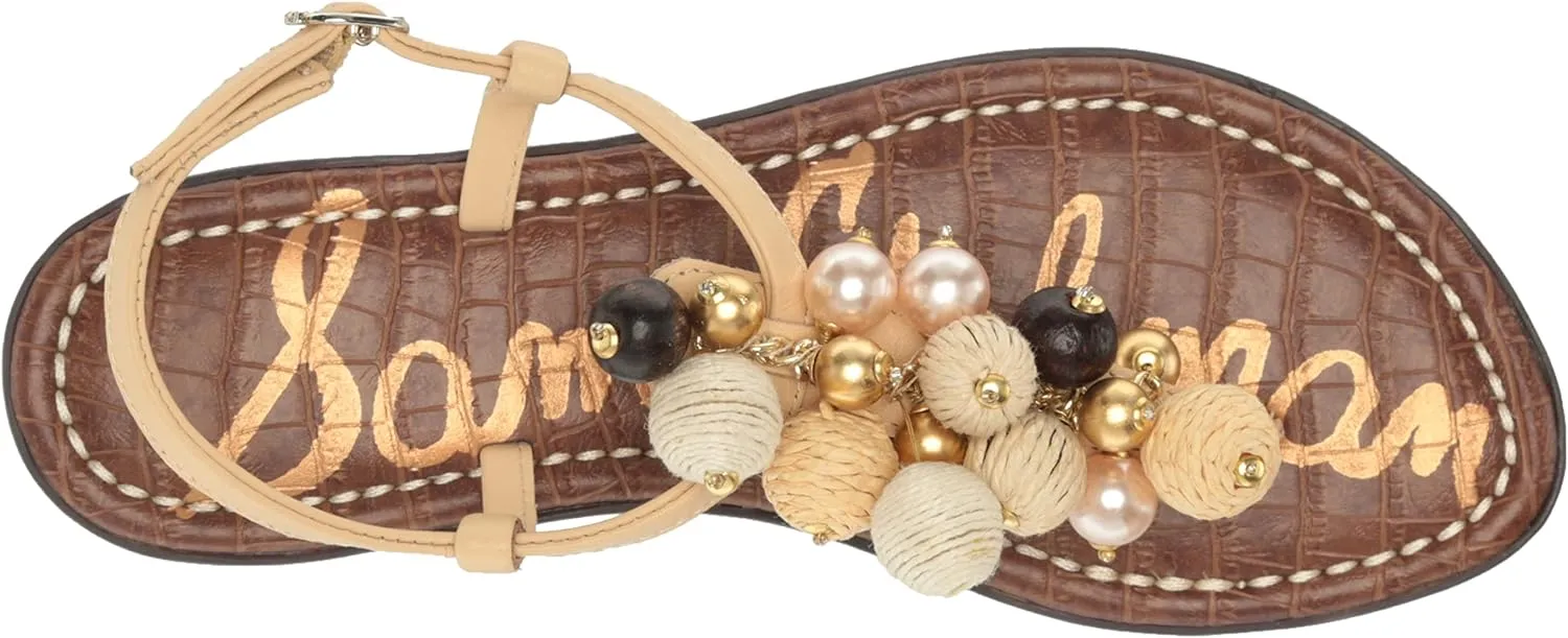 Sam Edelman Gretta Natural Beaded Accents Ankle Strap Open Toe Flats Sandals