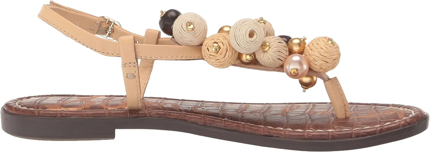 Sam Edelman Gretta Natural Beaded Accents Ankle Strap Open Toe Flats Sandals
