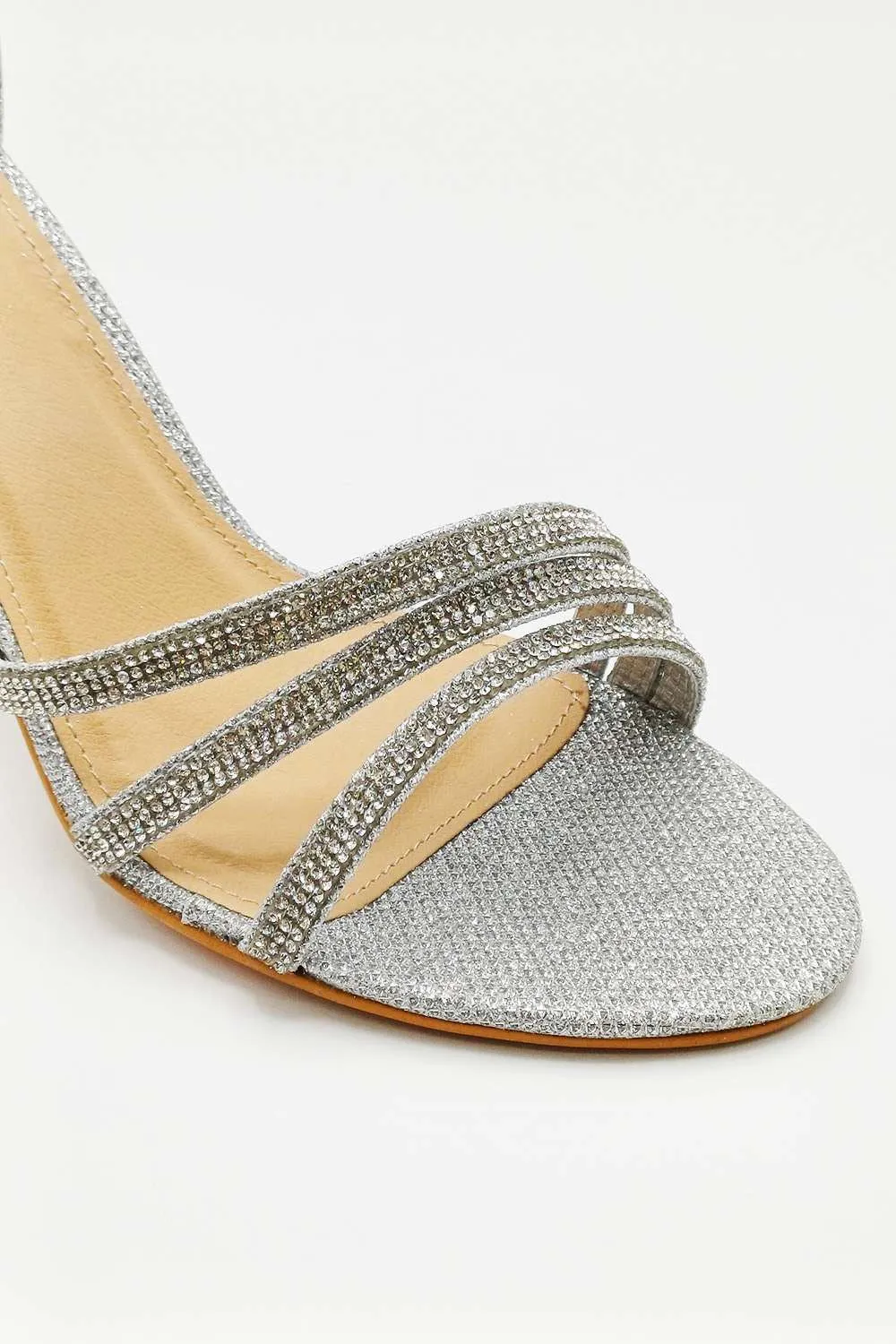 Theda Block Heel Diamante Embellished Ankle Strap Sandals in Silver