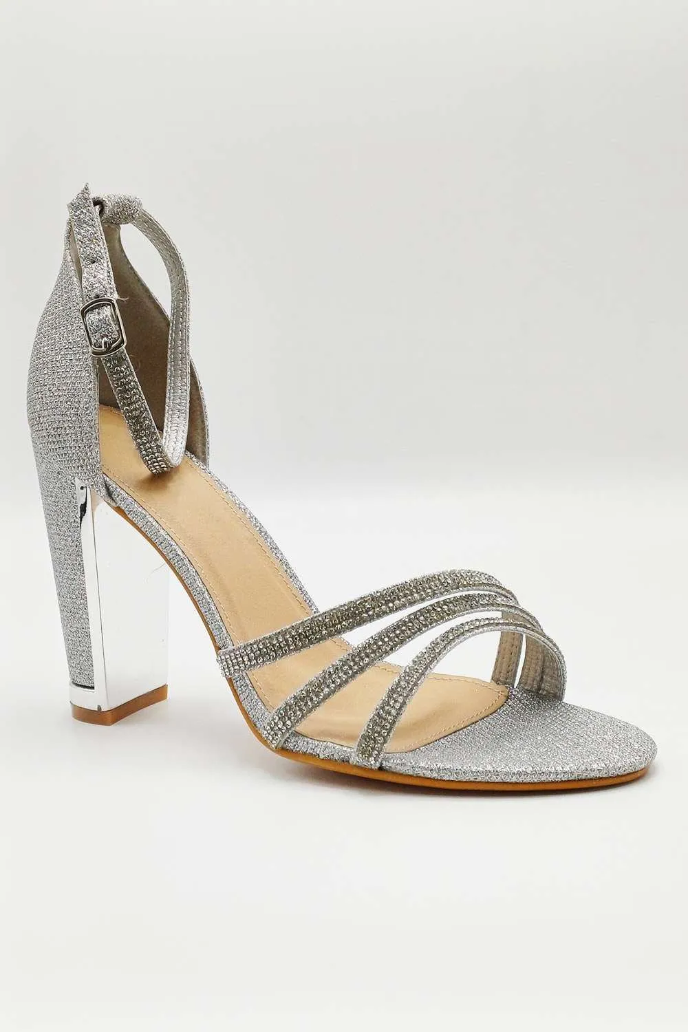 Theda Block Heel Diamante Embellished Ankle Strap Sandals in Silver
