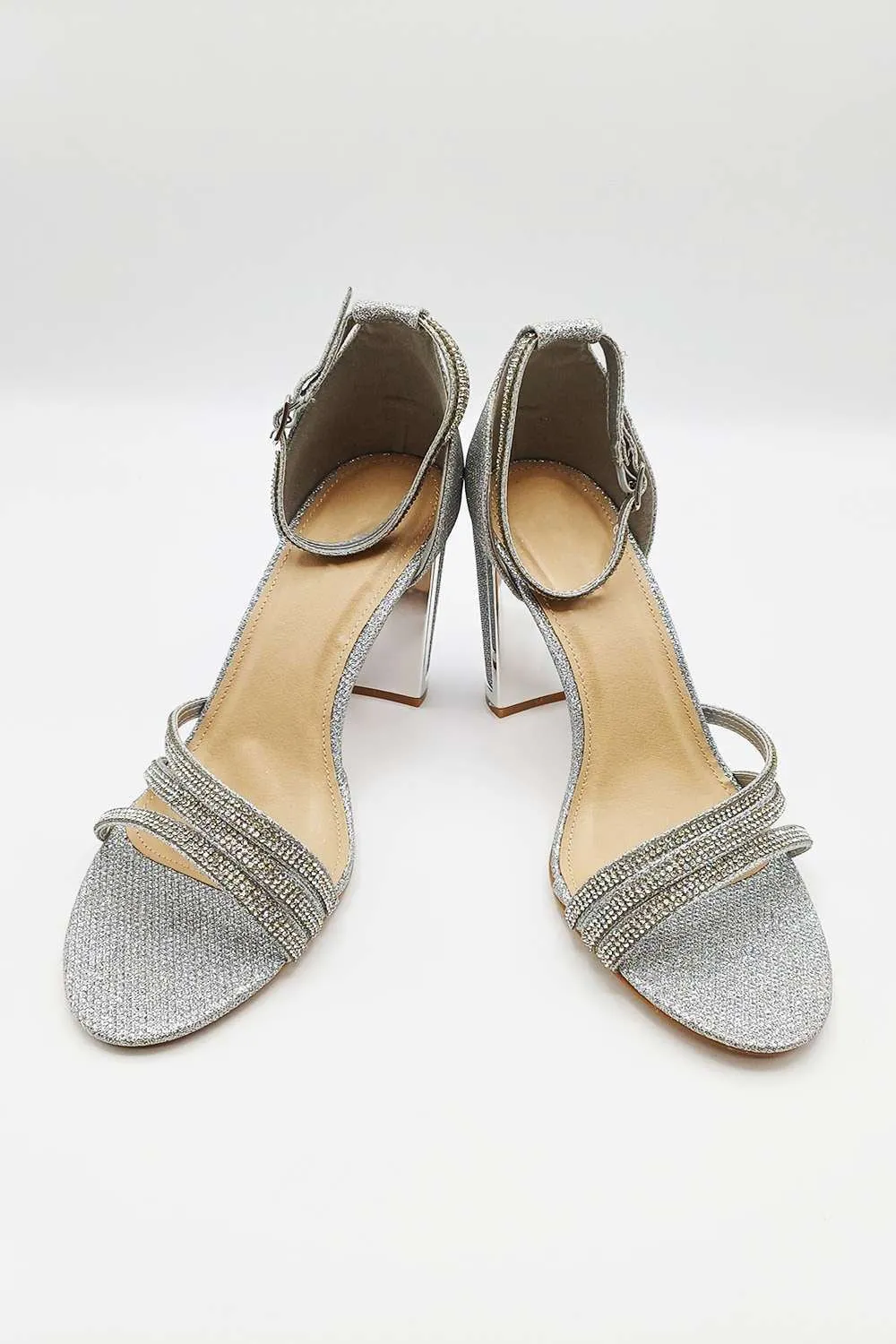 Theda Block Heel Diamante Embellished Ankle Strap Sandals in Silver