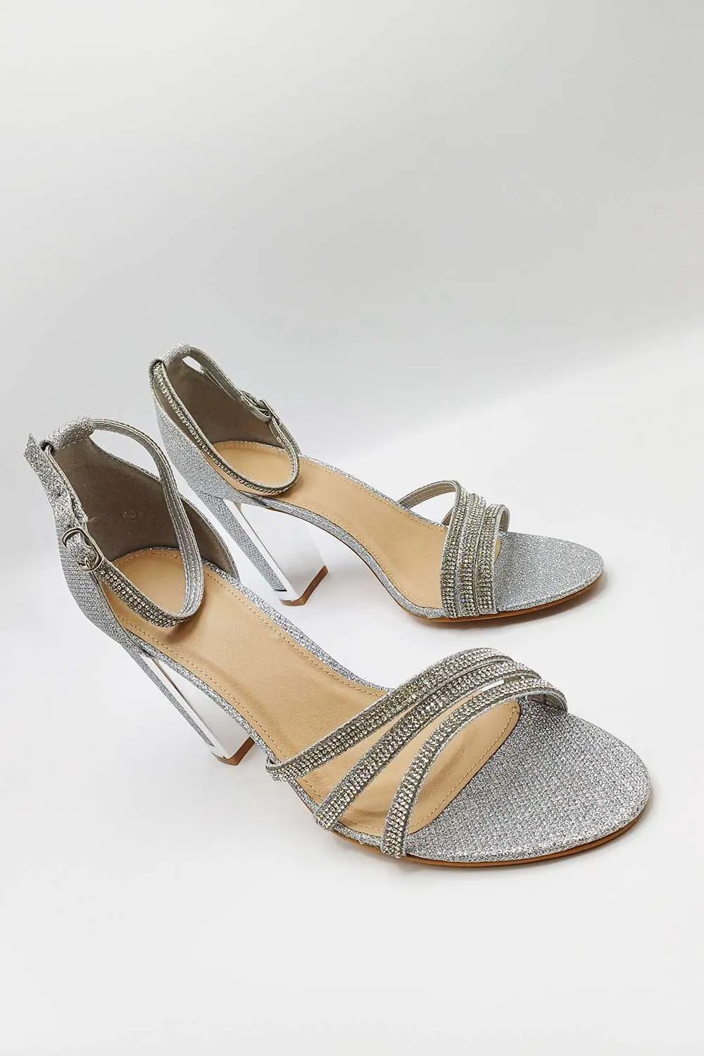 Theda Block Heel Diamante Embellished Ankle Strap Sandals in Silver