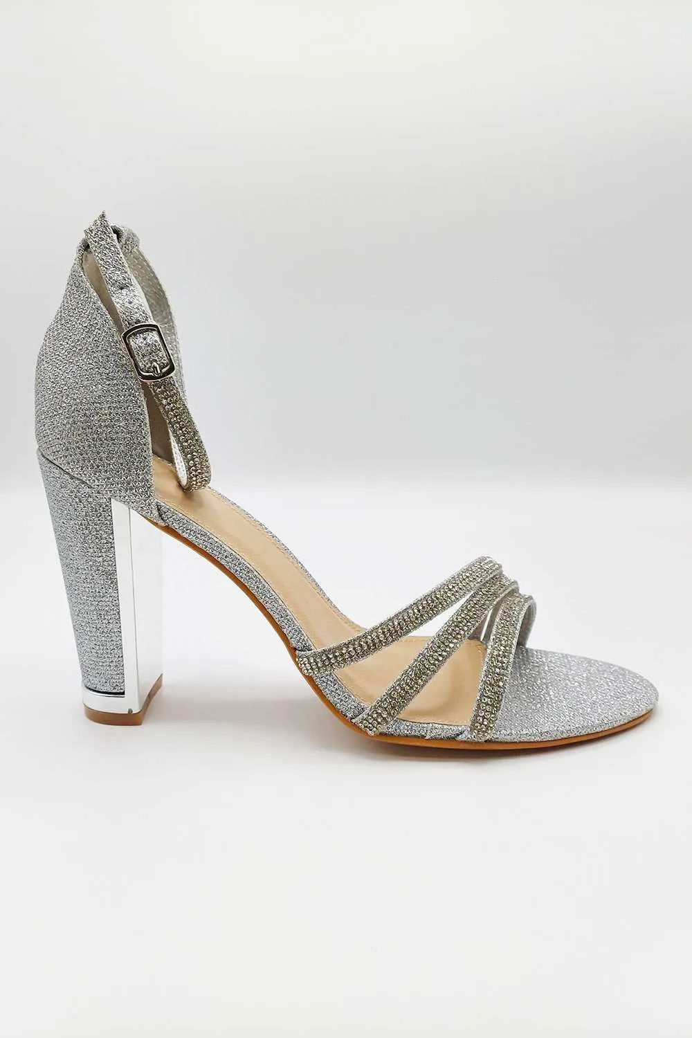 Theda Block Heel Diamante Embellished Ankle Strap Sandals in Silver