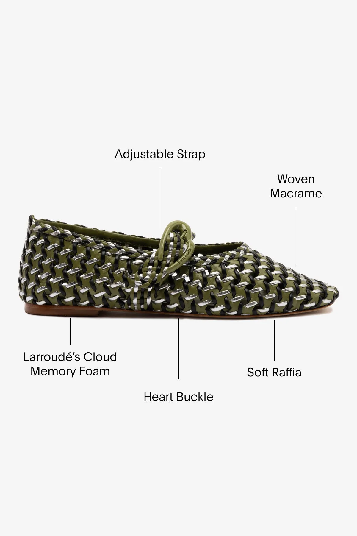 Verona Macrame Ballet Flat In Seaweed, Black and Silver Metallic Leather
